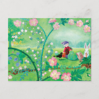 Gnome gardener, Blackbird, Hedgehog & white Rabbit Holiday Postcard