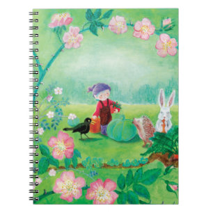 Gnome gardener, Blackbird, Hedgehog & white Rabbit Notebook