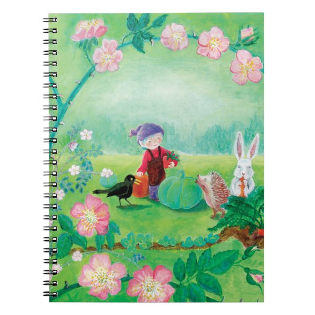 Gnome gardener, Blackbird, Hedgehog & white Rabbit Notebook (Front)