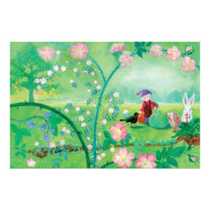 Gnome gardener, Blackbird, Hedgehog & white Rabbit Photo Print