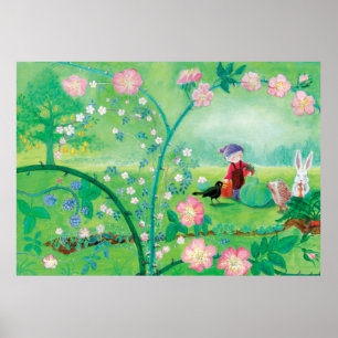 Gnome gardener, Blackbird, Hedgehog & white Rabbit Poster