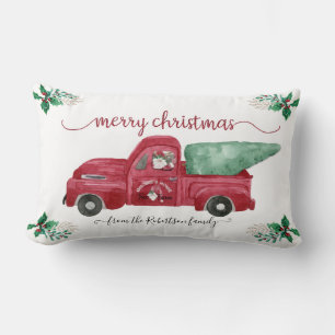 Gnome Gnomies Tree Farm Red Truck Watercolor Lumbar Cushion