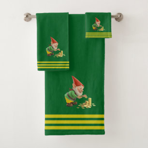 Gnome & Gold, Three Stripes on Forest Green  Bath Towel Set