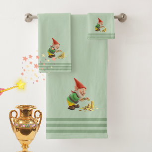 Gnome & Gold, Three Stripes on Light Laurel Green  Bath Towel Set