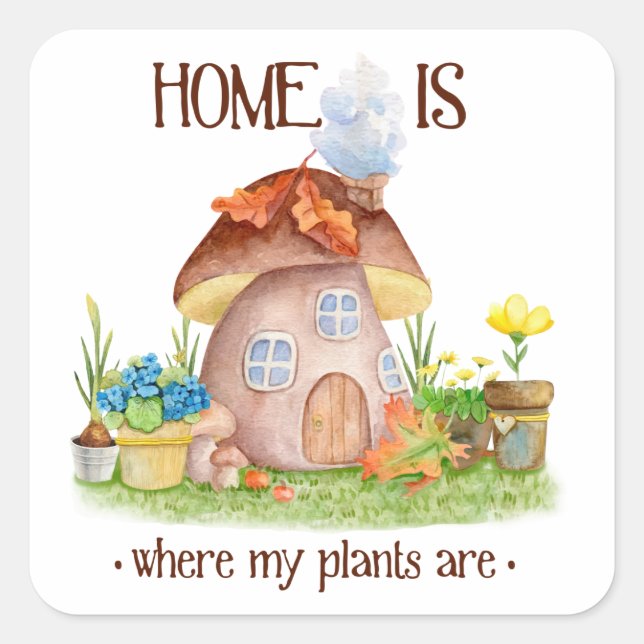Gnome home mushroom plants flowers garden  square sticker (Front)