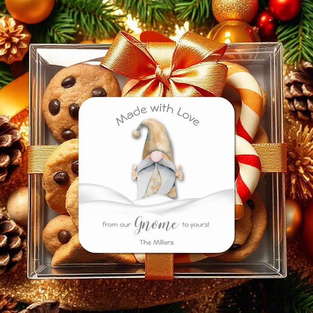 Gnome Homemade Food Holiday Baking Personalised Square Sticker (Gnome Made with Love Christmas Personalized Square 3" Stickers)