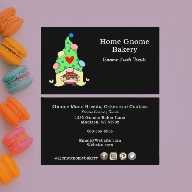 Gnome Hometown Bakery Pastry Cakes & Treats Black Business Card (Creator Uploaded)