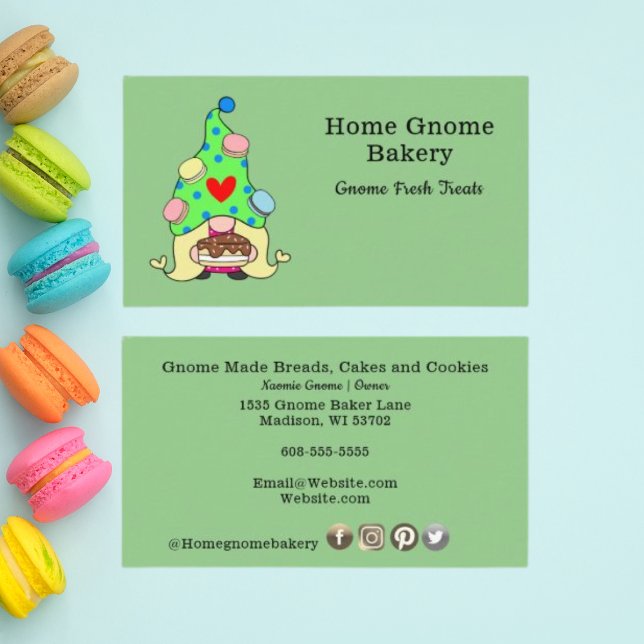 Gnome Hometown Bakery Pastry Cakes & Treats Green Business Card (Creator Uploaded)