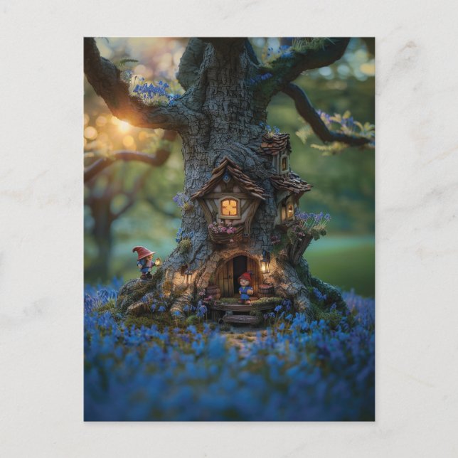 Gnome house in a tree surrounded by bluebells postcard (Front)