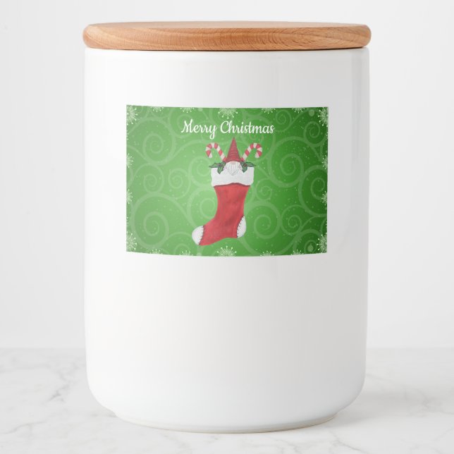 Gnome in Christmas Stocking Green Swirls Snowflake Food Label (Front)