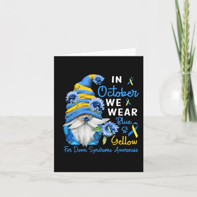 Gnome In October We Wear Blue Yellow Down Syndrome Card (Front)