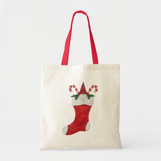 Gnome in Red Christmas Stocking Candy Canes Holly Tote Bag (Front)