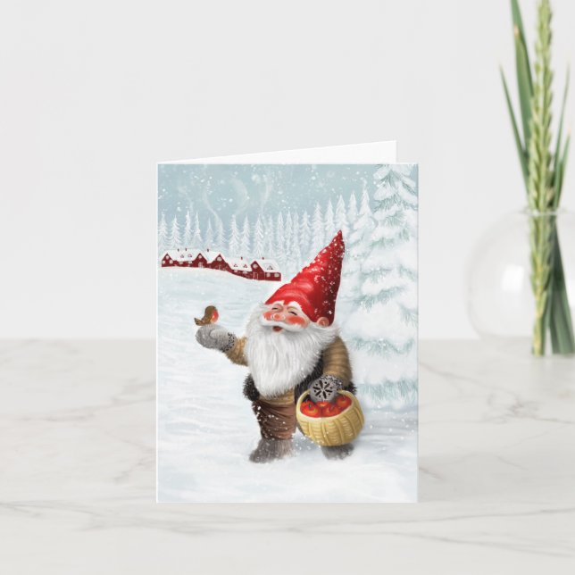 Gnome in Scandinavian landscape Holiday Card (Front)