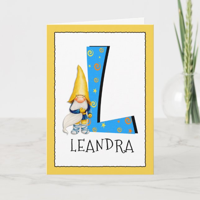 Gnome Kids Letter L Name and Age Birthday Greeting Card (Front)
