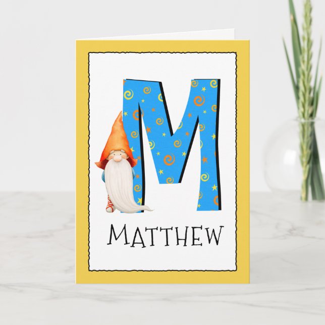Gnome Kids Letter M Name and Age Birthday Greeting Card (Front)