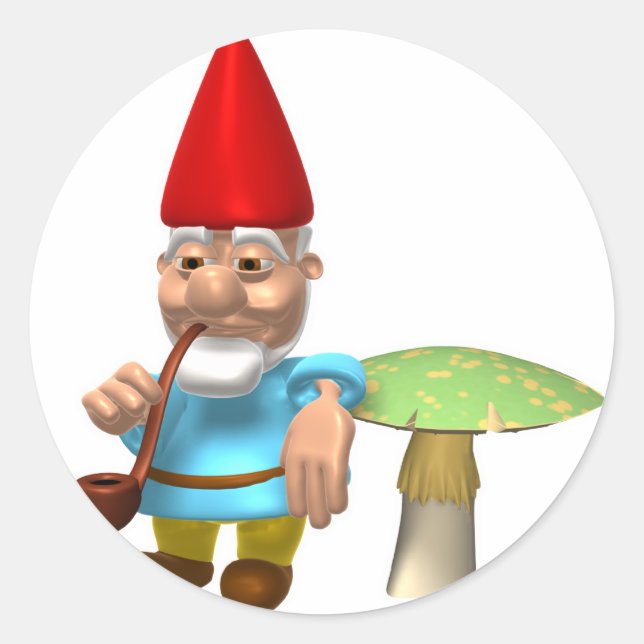 gnome leaning on mushroom classic round sticker (Front)