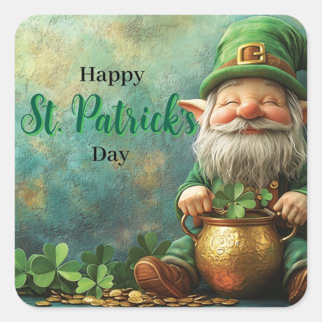 Gnome Leprechaun and Pot of Gold St. Patrick's Day Square Sticker (Front)