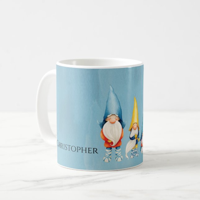 Gnome Monogram Whimsical Watercolor Blue Coffee Mug (Front Left)