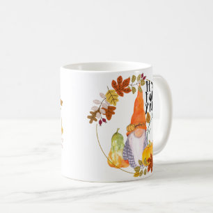 Gnome mug with pumpkins squash and fall leaves