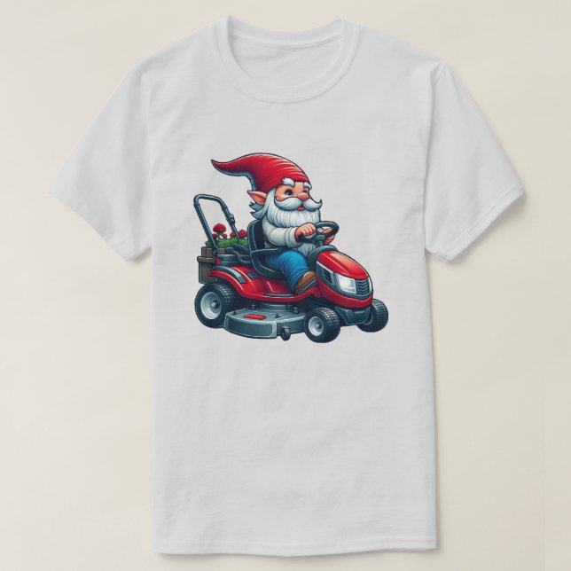 Gnome on Riding Lawn Mower with Flower Basket T-Shirt (Design Front)