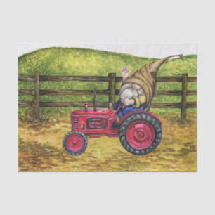 Gnome on Tractor Farm Country Landscape Tissue Paper