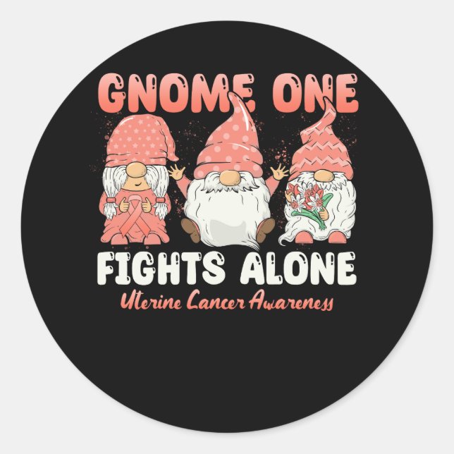 Gnome One Fights Alone Peach Uterine Cancer Awaren Classic Round Sticker (Front)