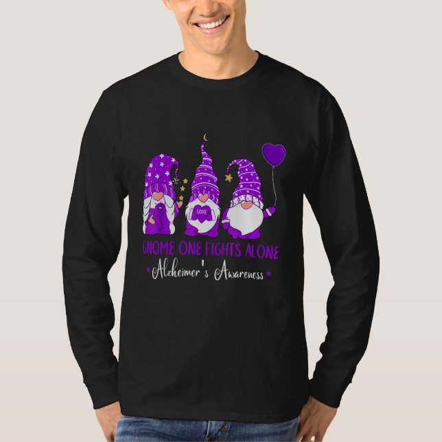 Gnome One Fights Alone Ribbon Purple Alzheimer s A T-Shirt (Front)
