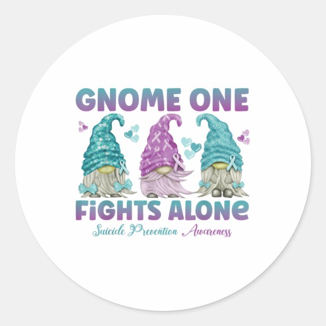Gnome One Fights Alone Suicide Prevention Awarenes Classic Round Sticker (Front)