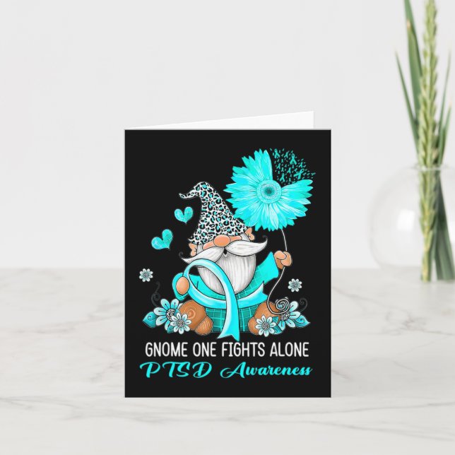 Gnome One Fights Alone Teal Ribbon Warrior Ptsd Aw Card (Front)