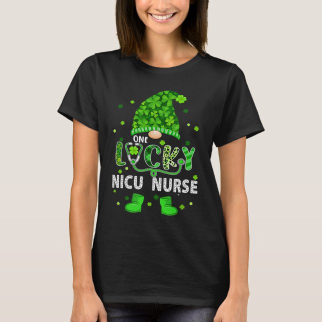 Gnome One Lucky NICU Nurse St Patricks Day Shamroc T-Shirt (Front)