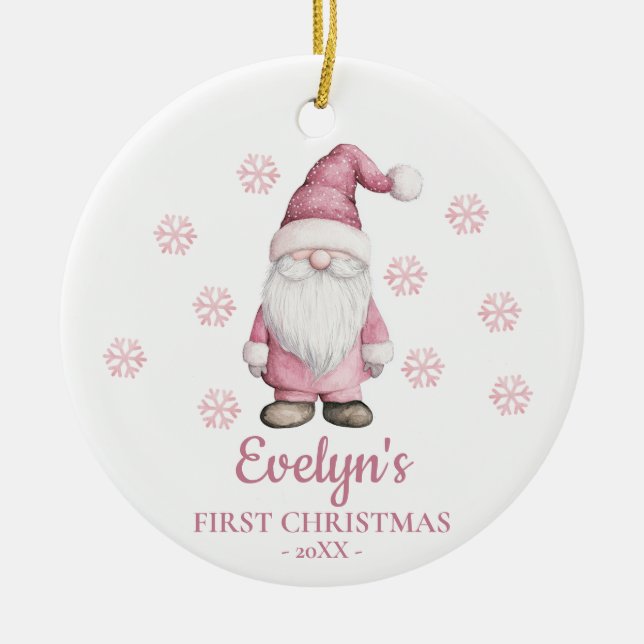 Gnome Personalized Girl's First Christmas Ceramic Tree Decoration (Front)