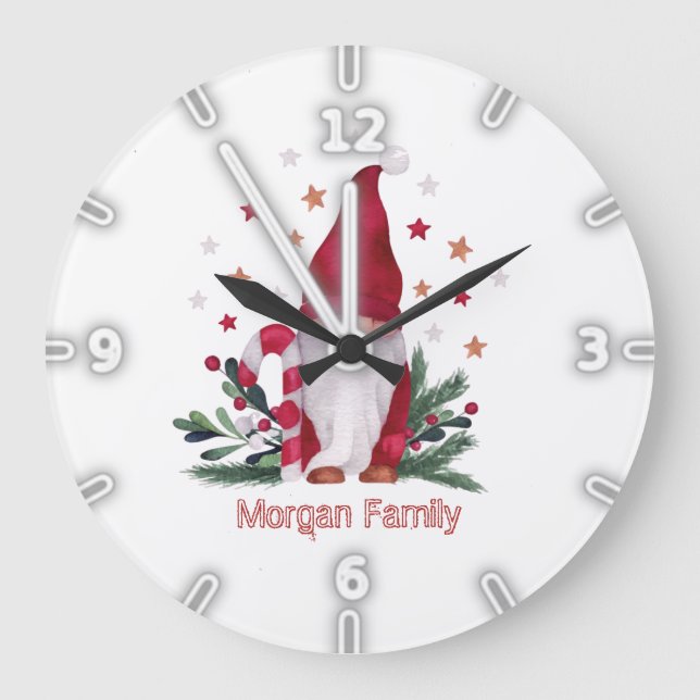 Gnome Pine Tree Branches Stars Christmas Large Clock (Front)