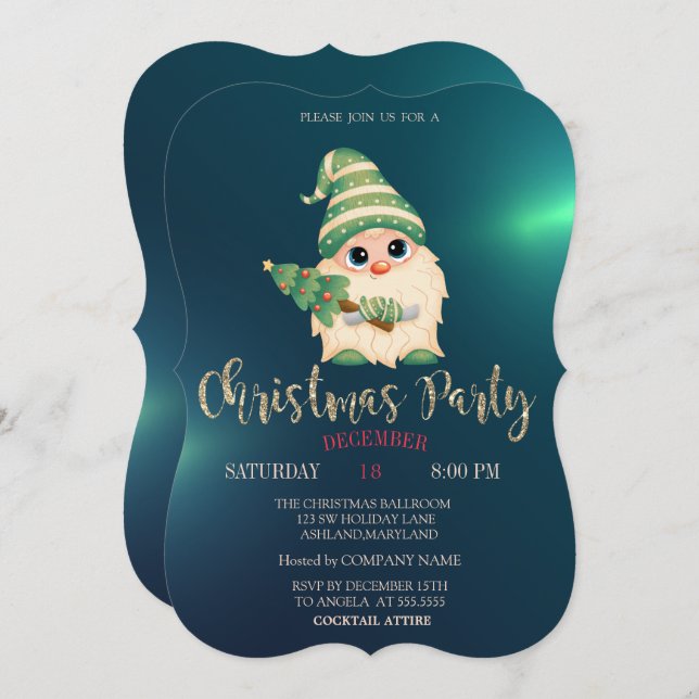 Gnome Pine Tree, Green Christmas Company Party Invitation (Front/Back)