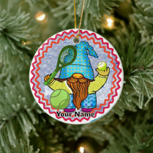 Gnome Playing Tennis Ceramic Tree Decoration