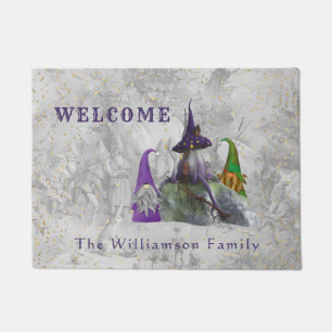 Gnome Purple House Gold Confetti Welcome Doormat