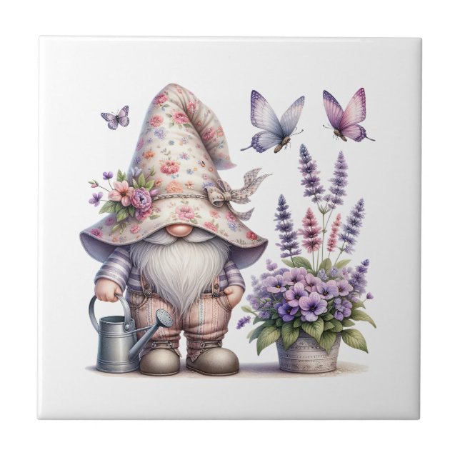 Gnome Purple Pink Flowers Lavender Butterflies Tile (Front)