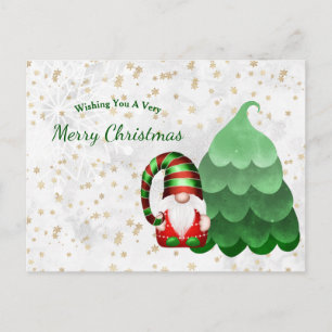 Gnome Red Green Tree Gold Snowflakes Christmas Holiday Postcard