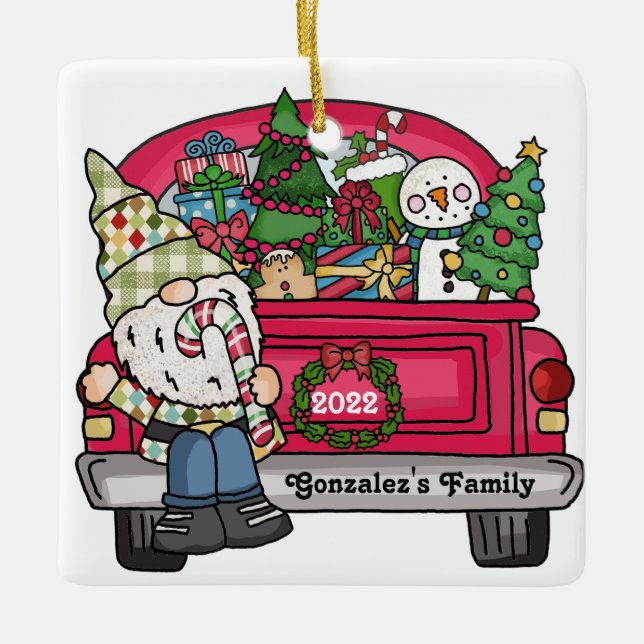 Gnome Red Truck Personalied Ceramic Ornament (Front)