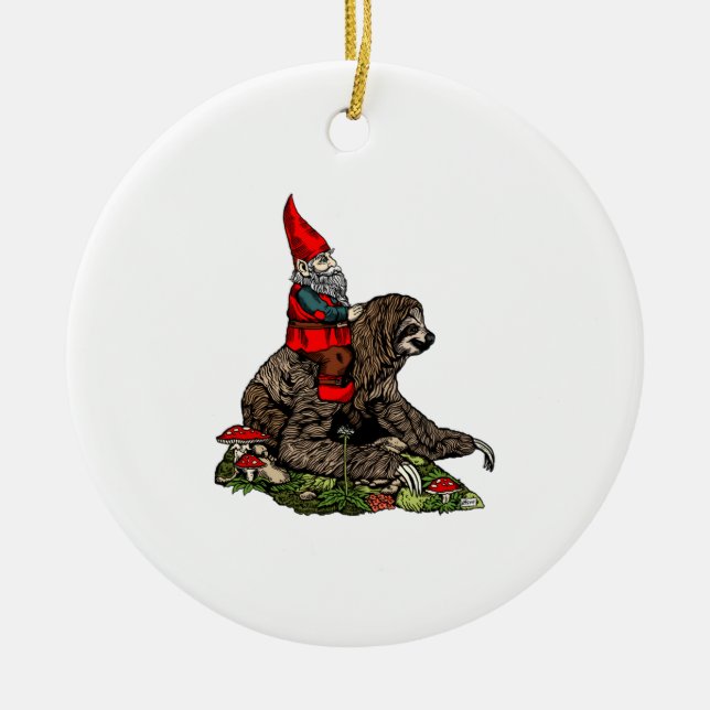 Gnome Riding a Sloth   Ceramic Tree Decoration (Front)