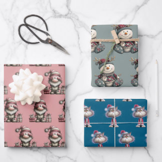 gnome, snowman, cute tired santa elf cat wrapping paper sheet