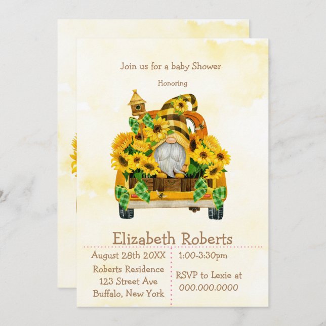 Gnome Sunflower Bees Baby Shower Invitations  (Front/Back)