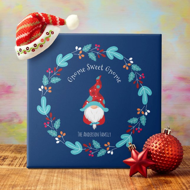 Gnome Sweet Gnome Blue Modern Elf Floral Wreath Tile (Creator Uploaded)