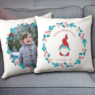 Gnome Sweet Gnome Cute Elf Floral Wreath Photo Cushion
