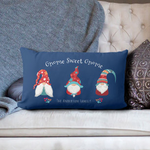 Gnome Sweet Gnome Cute Fun Modern Holiday Elf Blue Lumbar Cushion