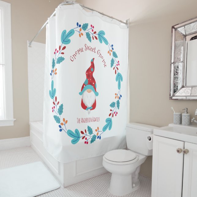 "Gnome Sweet Gnome" Cute Modern Elf Floral Wreath Shower Curtain (In Situ)