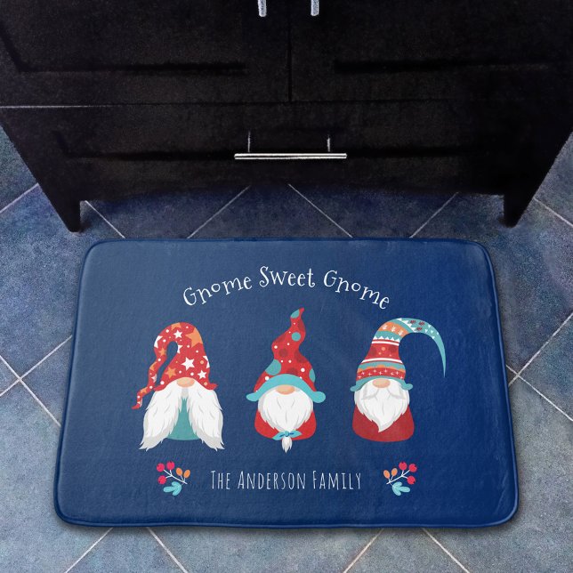 Gnome Sweet Gnome Cute Modern Holiday Elf Navy Bath Mat (Creator Uploaded)