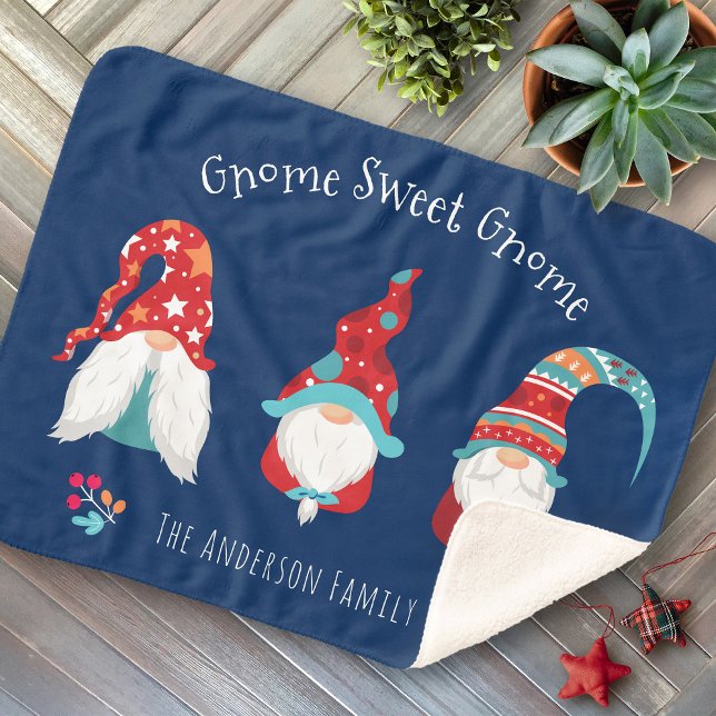 Gnome Sweet Gnome Cute Modern Holiday Elf Navy Sherpa Blanket (Creator Uploaded)