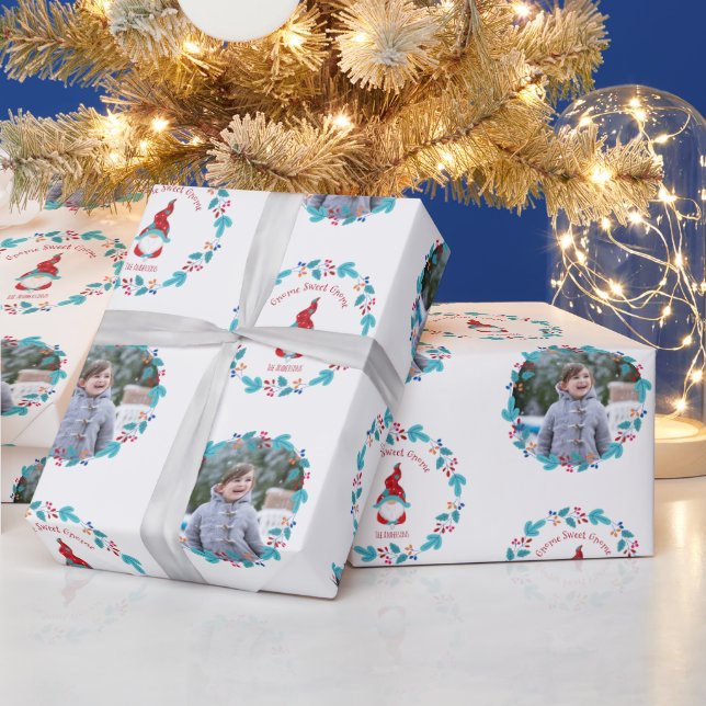 Gnome Sweet Gnome Floral Wreath Cute Custom Photo Wrapping Paper (Holidays)