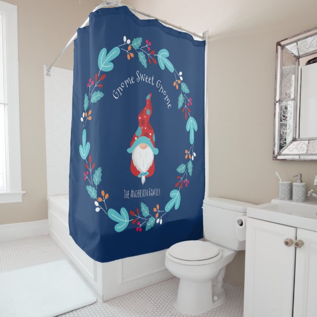 “Gnome Sweet Gnome” Modern Elf Floral Wreath Blue Shower Curtain (In Situ)