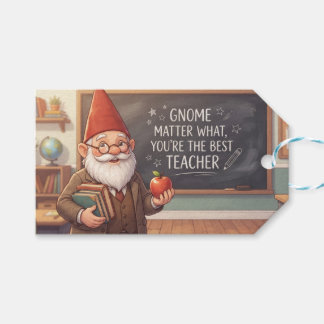 Gnome Teacher Holding Books and Apple in Classroom Gift Tags